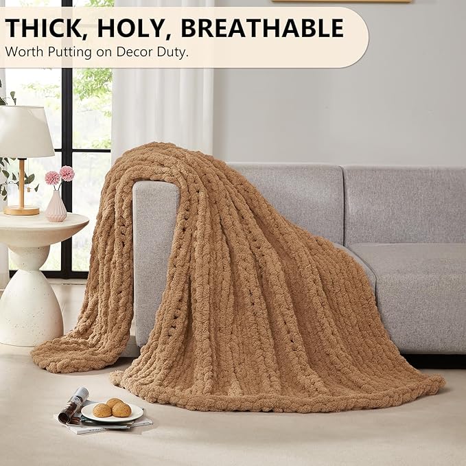 L'AGRATY Chunky Knit Blanket Throw: 60''x80'' Chenille Chunky Knitted Throw Blanket for Bed Couch - Handmade Thick Big Cable Knit Blanket - Large Crochet Rope Blanket for Home Decor(Tan)-Ruum Studio Home