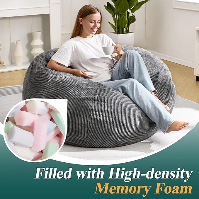 3.5FT Bean Bag Chairs Teardrop Bean Bag Chair for Adults Beanbag Chair with Memory Foam Filled Machine Washable Cover for Living Room, Bedroom (Large,Grey)-Ruum Studio Home
