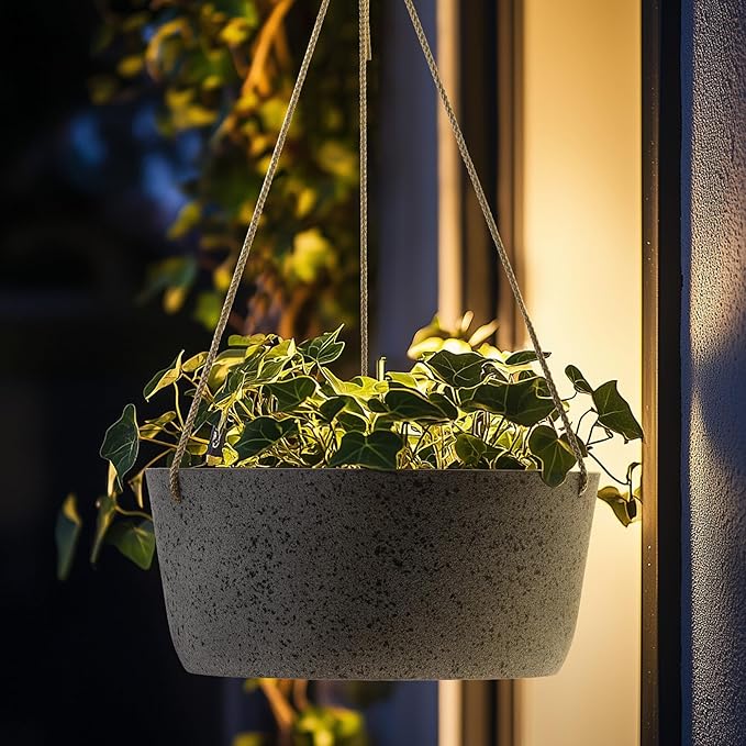 La Jolie Maison Large Hanging Planters - 12 Inch Outdoor Flower Pots, Rock Gray Hanging Garden Planters Set of 2-Ruum Studio Home