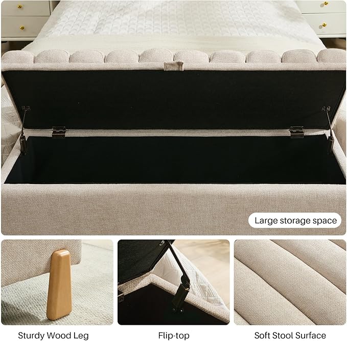 Storage Bench Ottoman 48.6 Inch with Safty Lift Top Lid, Tufted Solid Wood Tapered Legs Footstool for Bedroom, Living Room & Entryway Light Brown-Ruum Studio Home