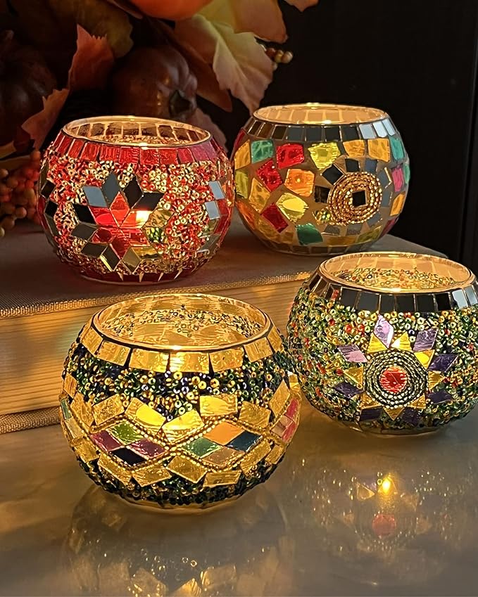 SHMILMH Glass Candle Holder Set of 4, Diwali Gift Votive Candle Holders Handmade Mosaic Glass Tealight Holders Diwali Christmas Table Decorations for Home-Ruum Studio Home