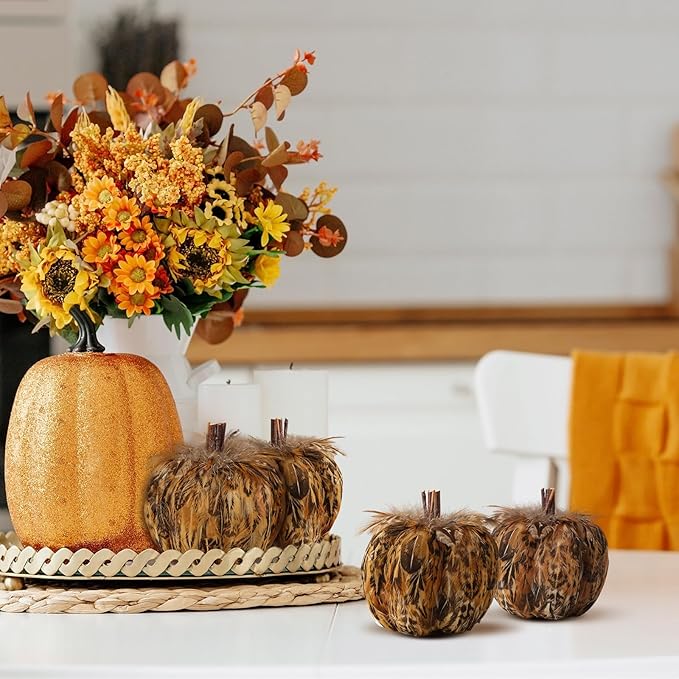 naturevibe 4.3 Inches Elegant Feathered Pumpkin Decor Set of 4 for Thanksgiving Decorations, Natural Feather Pumpkins as Fall Home Decor,Centerpieces for Tables or Autumn Harvest Gifts-Ruum Studio Home