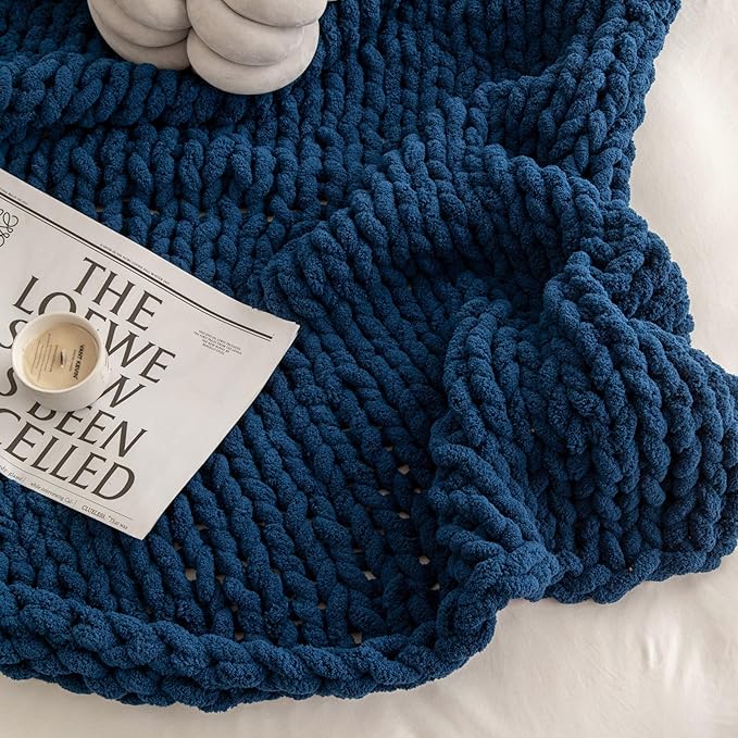 WESHIONGOO Chunky Knit Blanket Throw 40"*40" Knitted Throw Blankets for Couch Bed Fluffy Soft Blanket with Jumbo Chenille Yarn Thick 100% Handmade(Navy Blue)-Ruum Studio Home