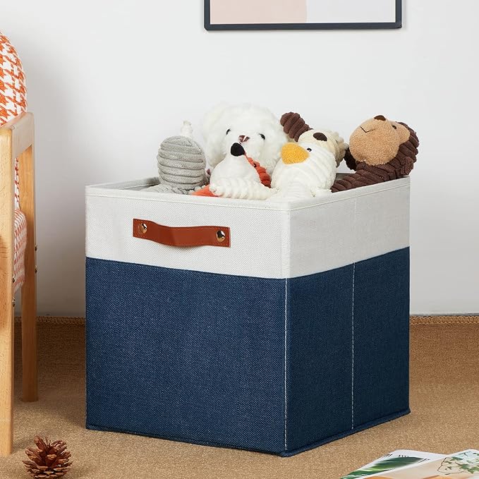 HNZIGE Fabric Storage Cubes Bins for Shelves,13x13 Storage Cubes, Set Of 4 Foldable Cubby Storage Bins for Organizing, Cloth Blue Storage Baskets for Cube Organizer Toy Nursery Shelves(Blue&White)-Ruum Studio Home