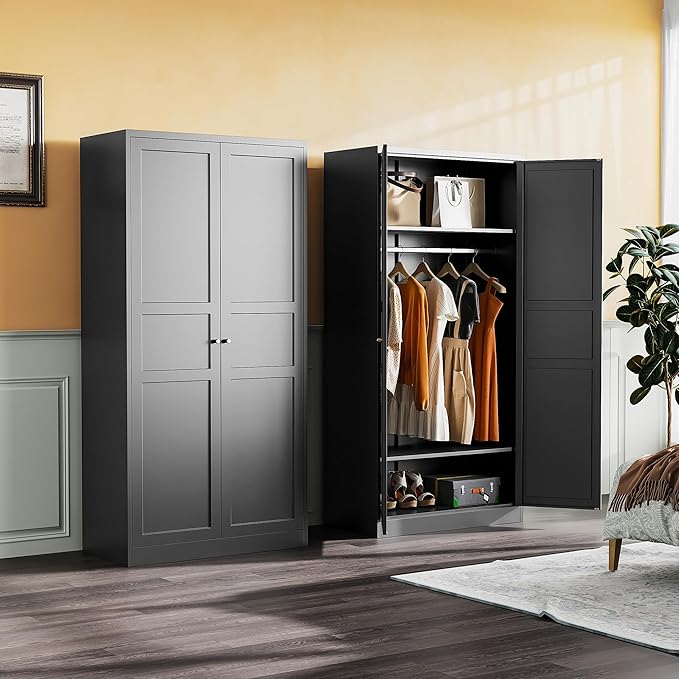 SISESOL Metal Wardrobe Cabinet with Hanging Rod,Black Armoire Wardrobe Closet,Metal Clothing Storage Cabinet with Adjustable Shelves and Doors,72" Cloth Storage Cabinets for Home,Living/Laundry Room-Ruum Studio Home