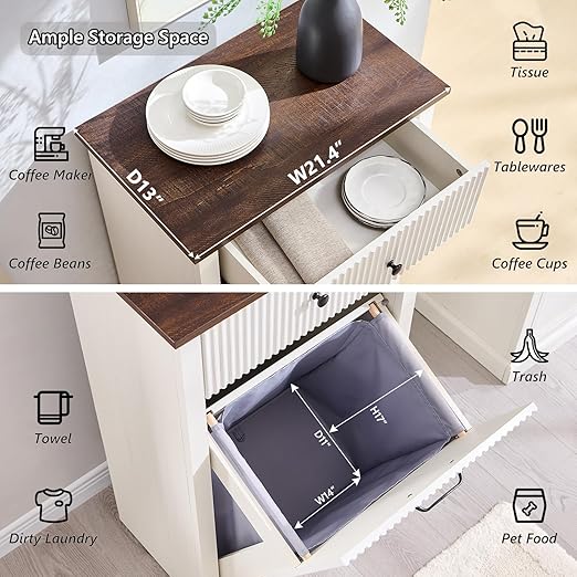 Modern Tilt-Out Trash Can Cabinet, 10 Gallon Fluted Laundry Hamper Cabinet with Drawers, Wooden Hidden Garbage Can Cabinets with Storage Basket, Free Standing for Kitchen and Living Room, White-Ruum Studio Home