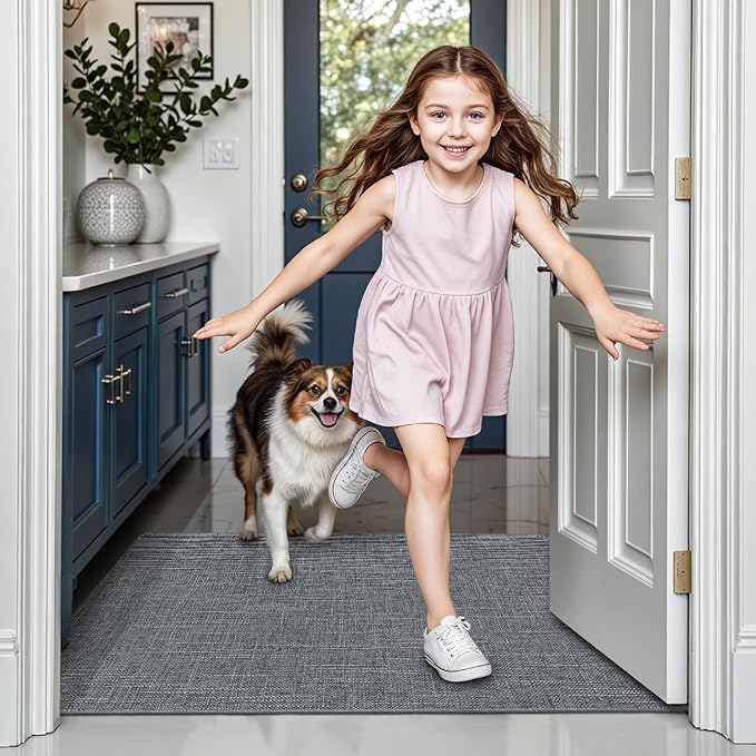 LUMI Ultra Thin Door Mat for Entryway,32"x48" Low Profile Non Slip Rubber Backing Indoor Doormat, Easy Clean Welcome Entrance Mat for Inside House, Patio,Dark Grey-Ruum Studio Home