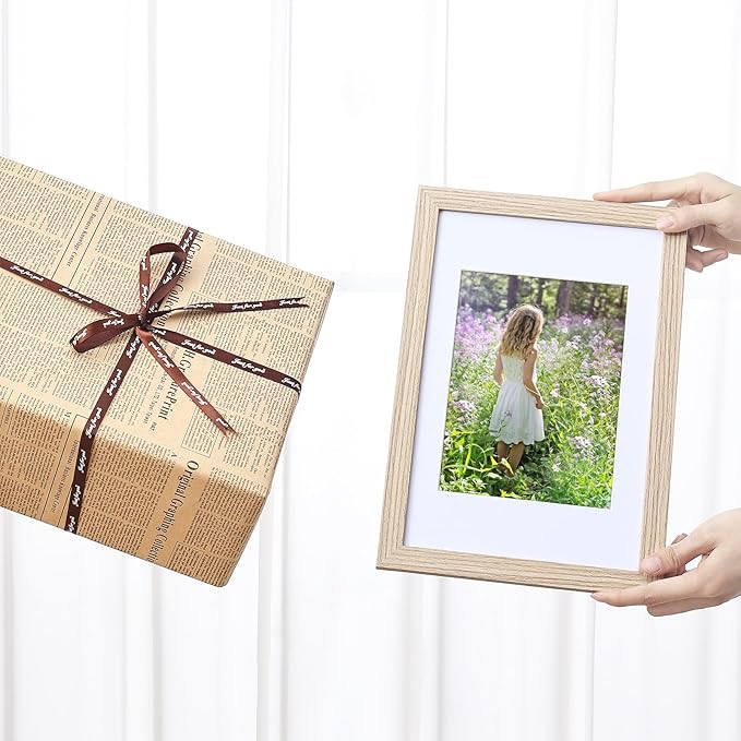 Vittanly 8x12 Picture Frames Set of 9, Shatter Resistant Plexiglass, Display 6x8 Pictures with Mat or 8x12 without Mat, Photo Frames for Wall or Tabletop, Engineered Wood, OAK-Ruum Studio Home