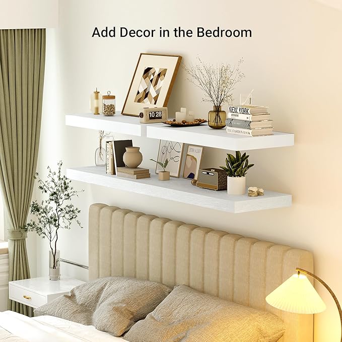 Heimlove 24 x 12 Inch Deep Floating Shelves Wall Mounted with Invisible Brackets,Storage Hanging Shelf for Wall Decor in Bathroom, Bedroom, Toilet, Kitchen, Living Room, Office Set of 1 (White)-Ruum Studio Home