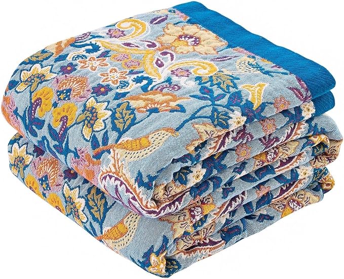Boho Throw Blanket for Bed, 100% Cotton Soft Rustic Quilt Fall Blanket, 60"x80" Floral Printed Farmhouse Decor Bed Blankets, All Season Rustic Reversible Bohemian Throw Quilt-Ruum Studio Home