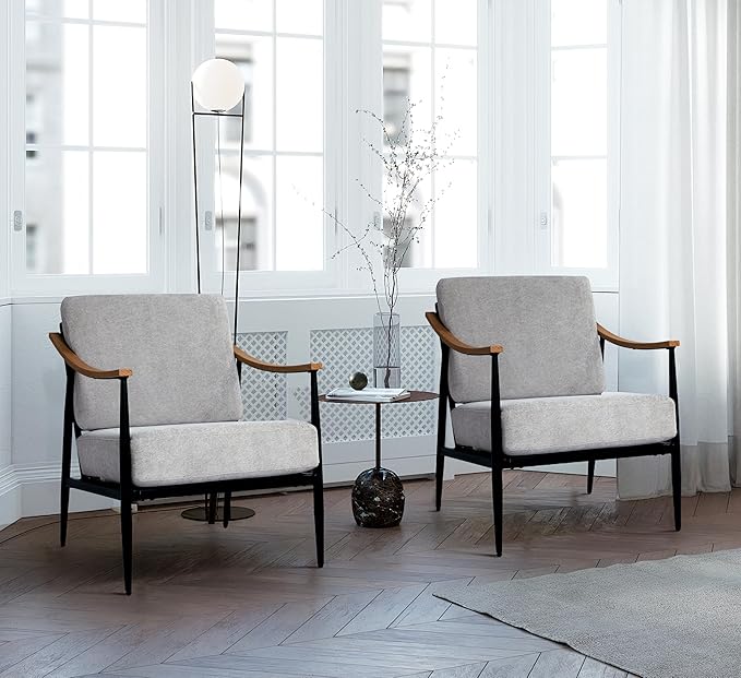 Modern Accent Chairs Set of 2 for Living Room Bedroom Mid Century Arm Chairs Upholstered Office Accent Chairs Comfy Waiting Room Chairs with Metal Frame, Grey-Ruum Studio Home