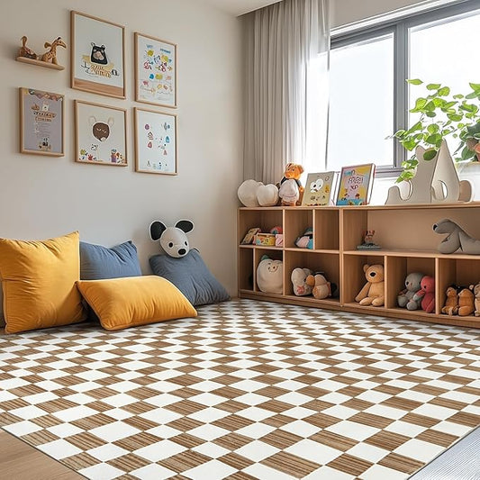 jinchan 8x10 Brown Checkered Area Rugs for Kids Room - Machine Washable Rug Modern Neutral Geometric Lattice Soft Non-Slip Carpet for Nursery Playroom Classroom Living Room Bedroom Dining Room-Ruum Studio Home