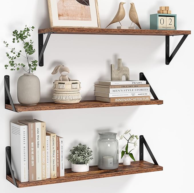 Heimlove Floating Shelves for Wall, 24 Inch Long Wood Floating Shelves Set of 3, Wall Mounted Hanging Shelf for Bathroom Bedroom Kitchen, Rustic Brown-Ruum Studio Home