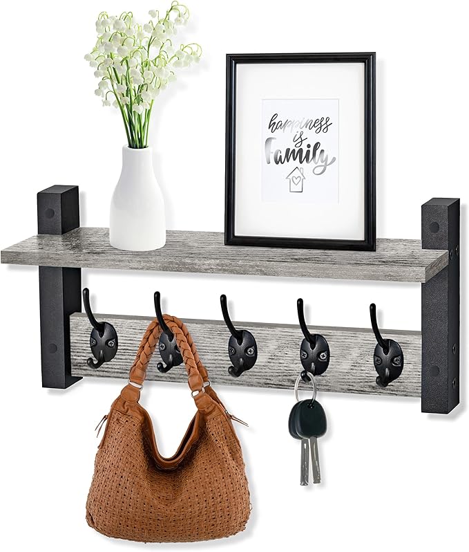 Sorbus Coat Hooks Wall Mount with Shelf – 16 Inch Coat Rack Wall Mount with 5 Heavy Duty Hooks – Floating Wall Shelf with Hooks for Entryway, Bathroom, Bedroom, Kitchen, or Mudroom (Gray)-Ruum Studio Home