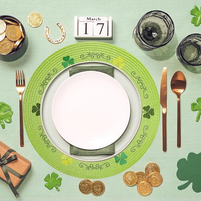Whaline 4Pcs Round St. Patrick's Day Placemats Embroidered Shamrock Place Mats Green Clover Dinner Table Mats for Home Spring Irish Holiday Birthday Party Decor-Ruum Studio Home