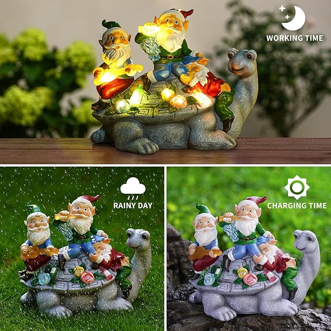Upgraded Size Solar Garden Outdoor Statues Three Gnomes having party on turtle with 7 LED Solar Figurine for Lawn,Patio,Balcony,Yard Decor Unique Housewarming Gift, for grandfather, Father,Grandma,Wen-Ruum Studio Home