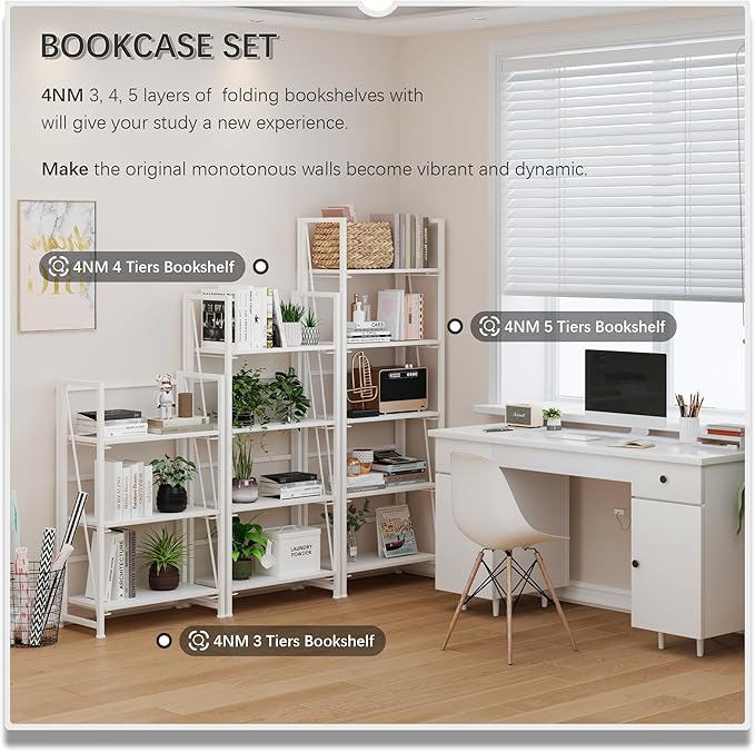 4NM No Assembly Foldable Bookshelf, 5-Shelf Collapsible Bookcase Storage for Small Spaces, 62.2" H, All White-Ruum Studio Home