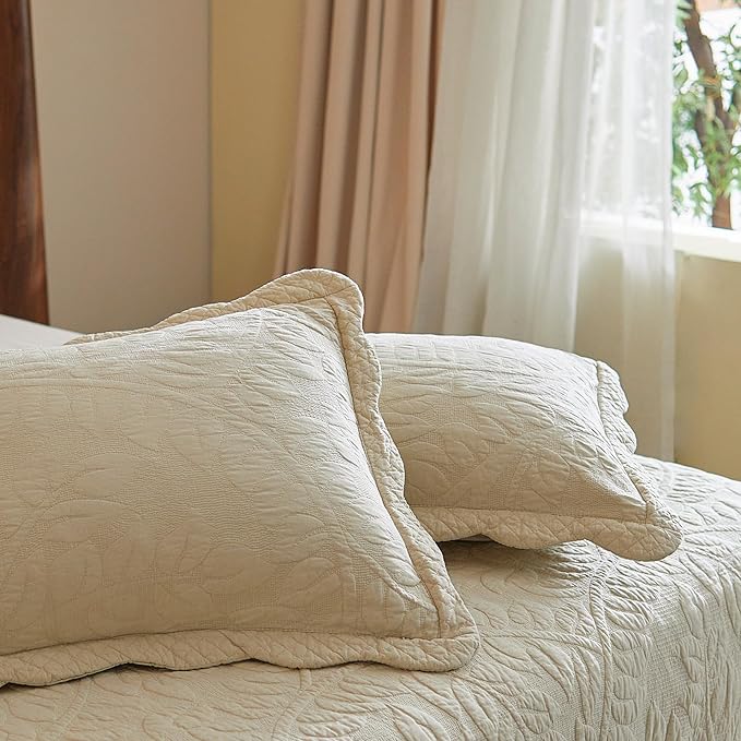 MarCielo 3-Piece 100% Cotton Oversized Bedspread Lightweight Quilt Coverlet Embroidery Farmhouse Bedding Set T0 (Yellowish Beige, Oversized Queen (100"x106"))-Ruum Studio Home
