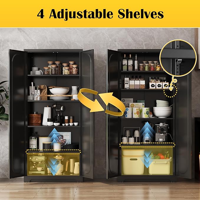 Metal Tall Black Cabinet, 71' Pantry Cabinet with Doors and 4 Adjustable Shelves, for Pantry, Laundry Room, Living Room, Dining Room-Ruum Studio Home