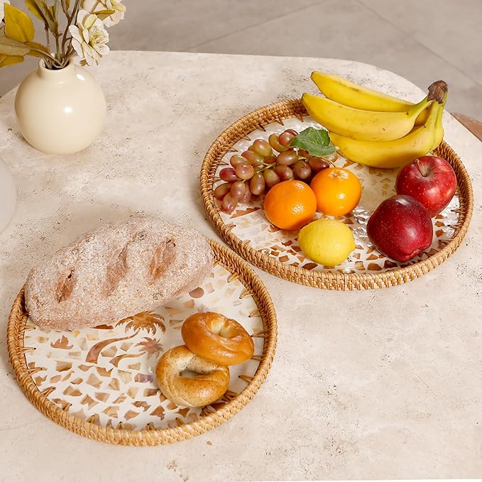 Round Rattan Tray with Mother of Pearl Inlay & Wooden Base - Decorative Wicker Serving Tray for Coffee/Bread/Fruits, Food Storage & Display - Multipurpose Home Decor (L,Island)-Ruum Studio Home