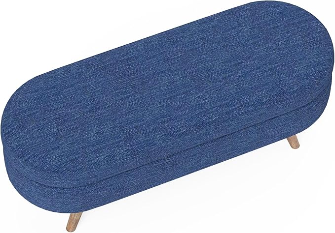 Oval Storage Bench 43.5" Linen Fabric Upholstered Entryway Bench with Solid Wood Legs Ottoman Bench Indoor Bench for Living Room/Bedroom/End of Bed/Entryway (Dark Blue)-Ruum Studio Home