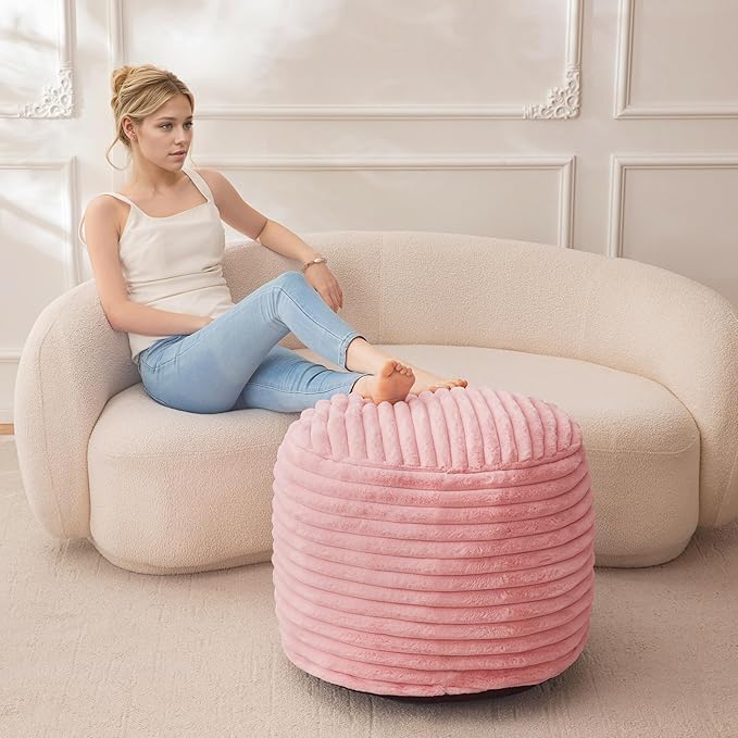 HIGOGOGO Round Stuffed Pouf Ottoman, Stripe Faux Fur Poufs with Foam Chunk Filling, Furry and Fluffy Pouf Foot Stool Storage Ottoman, 26 X 18 Floor Poufs Foot Rest for Living Room, Pink-Ruum Studio Home