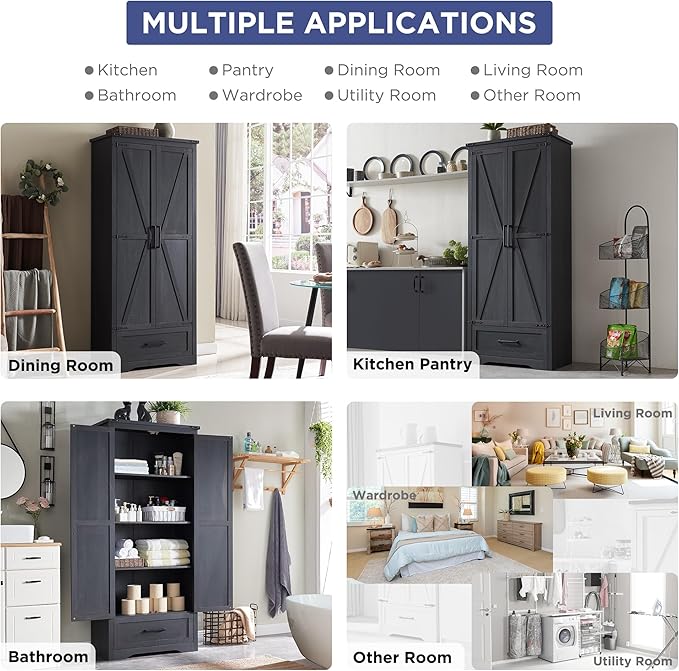 Farmhouse Kitchen Pantry Cabinet - 72" Tall Large Wood Kitchen Storage Cabinets with Adjustable Shelves & 2 Barn Doors & Drawer, Versatile Storage for Dining Room, Bathroom, Living Room, Antique Black-Ruum Studio Home