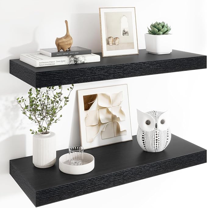 Heimlove 12" Deep Floating Shelves, 36 x 12 Inch Wall Mounted Long Floating Shelf with Invisible Brackets, for Home Decor, Bedroom, Kitchen, Living Room, Bathroom - 2 Pack, Black-Ruum Studio Home
