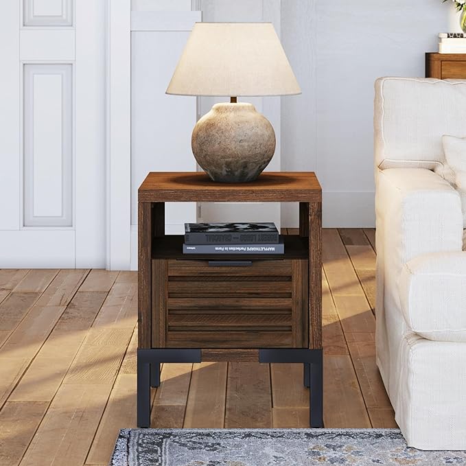 Bme Millie Solid Acacia Wood Rustic Nightstand with Drawers & Open Shelf, Pre-Assembled Industrial Modern Side Table for Living Room, Bedroom-Ruum Studio Home