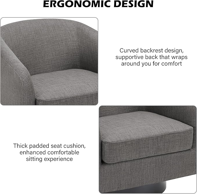 Swivel Barrel Accent Chair, Modern Round Linen Arm Chair for Living Room, Bedroom, Comfy Club Reading Chairs for Adults（Linen Fabric, Grey, Set of 2-Ruum Studio Home