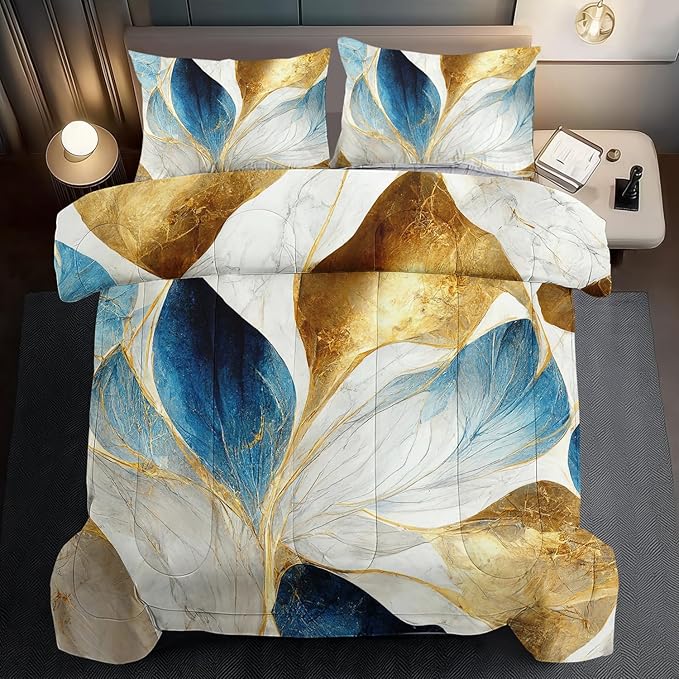 Vintage Floral Comforter Set King Size Women,Marble Flower Bedding Set King,Marble Blue Flower Bed Comforter,Blue and Gold Floral Quilt Bedroom Decor for Kids and Adults-Ruum Studio Home