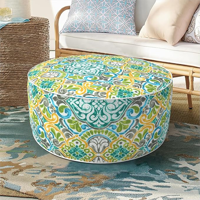 Inflatable Ottoman Stool D21 xH9 for Outdoor/Indoor Use, Water Repellent Patio Foot Rest Stool with Portable Handle,Round Pouf Ottoman Suitable for Garden,Deck and Camping - Damask Green-Ruum Studio Home