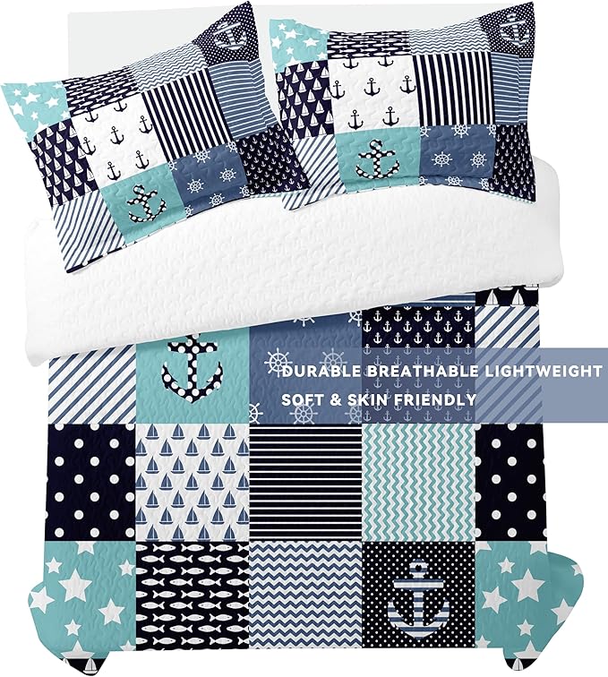 Nautical Bedding Queen Size Coastal Quilt with 2 Shams, Coastal Beach Comforter Sets Ocean Bedspreads Coverlet Summer Bedding, 90''x96''-Ruum Studio Home