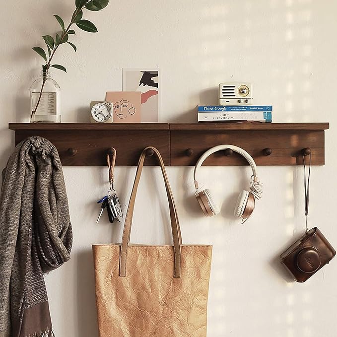 Entrance Coat Rack ，Coat Hooks, Wall-Mounted Wooden Hook Rack, Wall-Mounted Shelves are Very Suitable (Walnut Colored Finish-1)-Ruum Studio Home