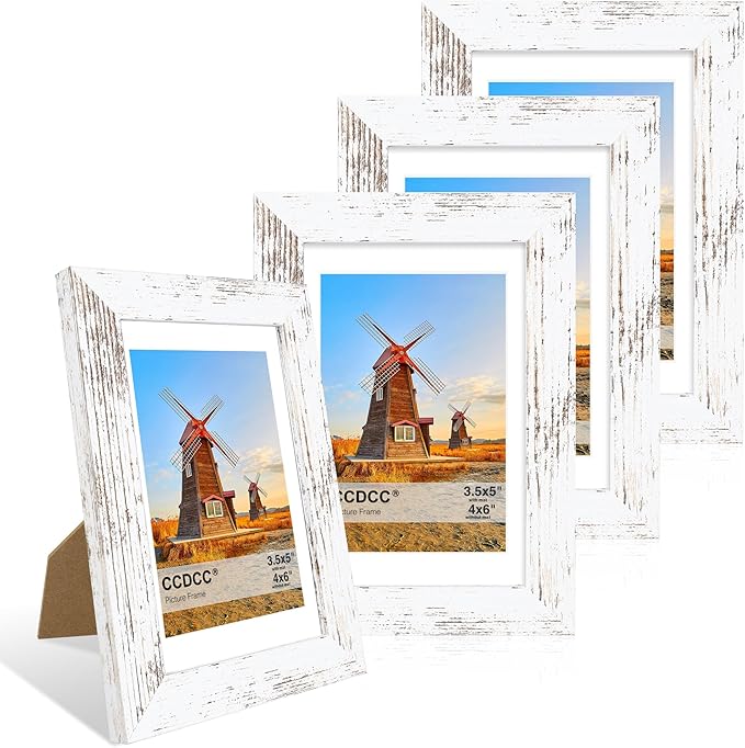 4x6 Picture Frame Set of 4, 4 x 6 Wood Photo Frames with Mat for 3.5x5, Rustic Natural Wooden Frame with Real Glass Cover for Wall and Tabletop Display,Distressed White-Ruum Studio Home