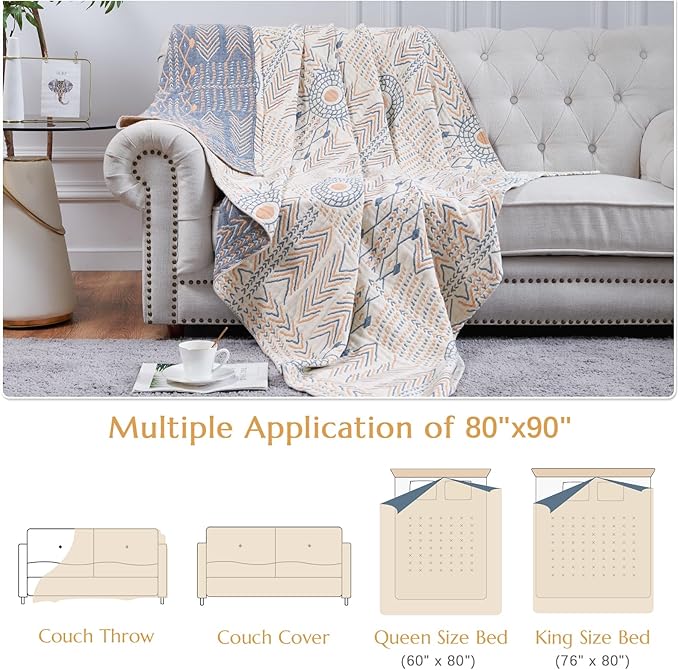 jinchan Boho 100% Cotton Muslin Queen Size 80x90 Throw Blanket Lightweight 4-Layer Orange Reversible Blanket Washable Breathable Geometric Striped Pattern Soft Comfy for Couch Bed Decor All Seasons-Ruum Studio Home