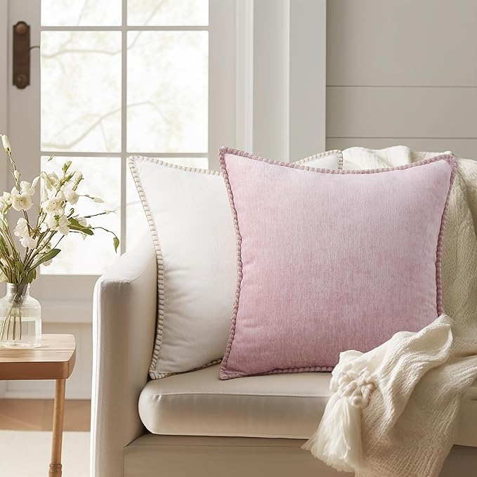 decorUhome Chenille Soft Throw Pillow Covers 16x16 Set of 2, Farmhouse Velvet Neutral Decorative Euro Pillow Covers with Stitched Edge for Couch Sofa Bed Home Decor, Blush Pink-Ruum Studio Home