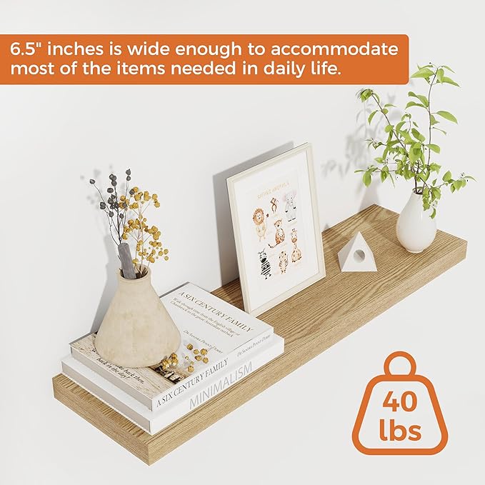 Fun Memories Floating Shelves for Wall, 24" Rustic Wood Deep Wall Mounted Shelves with Invisible Brackets for Decor & Storage, Floating Shelf for Living Room, Bathroom (Oak, Set of 2)-Ruum Studio Home