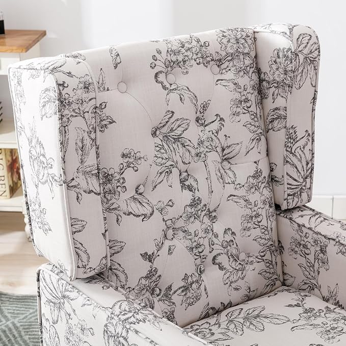 DUOMAY Tufted Accent Chair, Modern Linen Upholstered Wingback Side Arm Chair for Living Room Bedroom with Wood Legs, Comfy Reading Guest Chair for Office, Beige Flower Pattern-Ruum Studio Home
