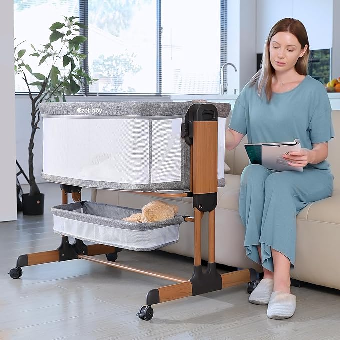 Ezebaby 3-in-1 Baby Bassinet, Rocking Baby Bassinets Bedside Sleeper, Adjustable Portable Crib for Newborn Infant with Wheels Storage Basket and Mesh Sides-Ruum Studio Home