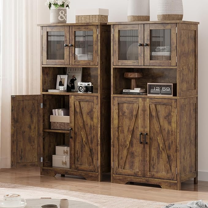 GarveeHome 54in Tall Bathroom Cabinet, Farmhouse Storage Cabinet with Glass Doors and Adjustable Shelves, Freestanding Kitchen Pantry Cabinets, Cupboard for Living Room, Dining Room, Rustic Brown-Ruum Studio Home