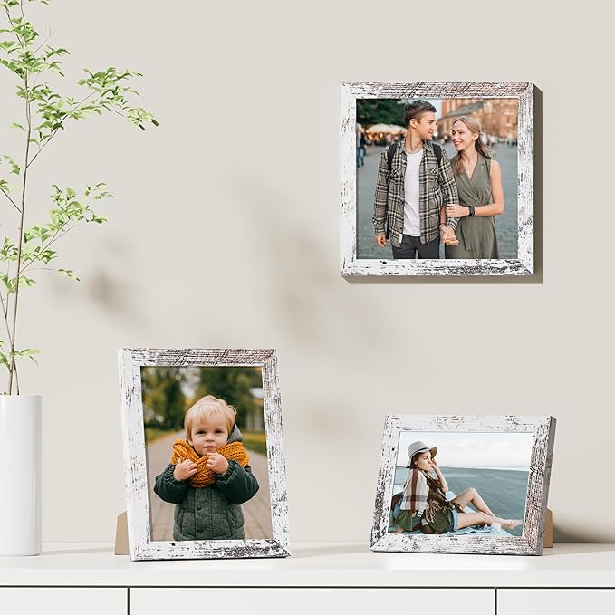 Vittanly 8x8 Picture Frames Set of 9, Shatter Resistant Plexiglass, Display 4x4 Pictures with Mat or 8x8 without Mat, Photo Frames for Wall Mount, Engineered Wood, Distressed White-Ruum Studio Home