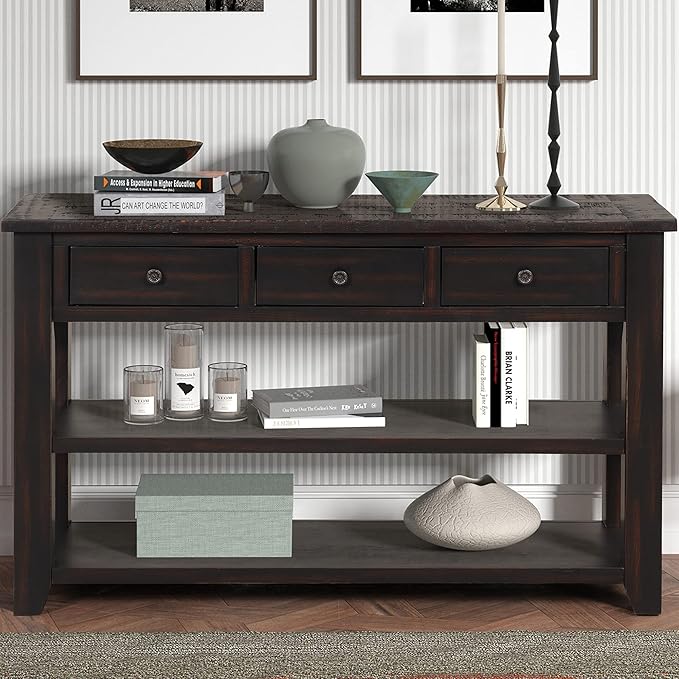 Farmhouse Wood Entryway Console Table 48-Inch Modern Sofa Entry Table with Drawers and Storage Shelves for Entrance Living Room (Black)-Ruum Studio Home