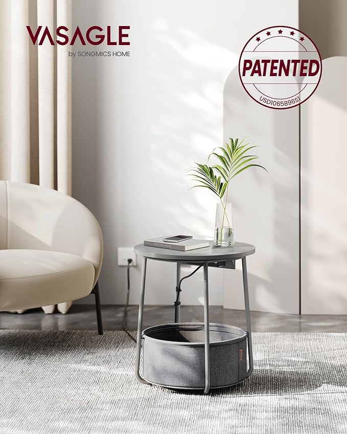 VASAGLE Side Table with Charging Station, Round End Table with Fabric Basket, Nightstand with Power Outlets, USB Ports, for Living Room, Bedroom, Modern, Dove Gray and Slate Gray ULET228G01-Ruum Studio Home