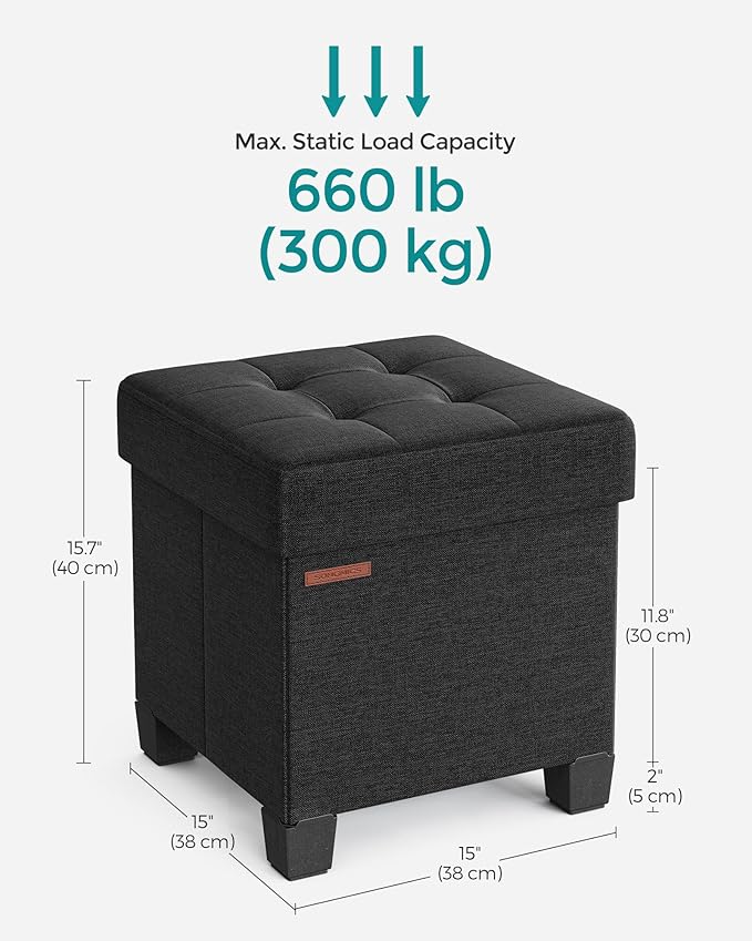 SONGMICS Storage Ottoman, Small Ottoman Foot Rest with Legs, 15 x 15 x 15.7 Inches Foot Stool, Load up to 660 lb, for Living Room, Bedroom, Dorm, Ink Black ULSF014B01-Ruum Studio Home