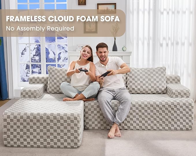 Hobestluk 96“ Modular Sectional Sofa Couches L-Shape Couch 3 Seat Modular Sofa Sectional Couches for Living Room, Cloud Couch with Oversized Chaise (Greygreen, Checked (Left Facing Chaise))-Ruum Studio Home