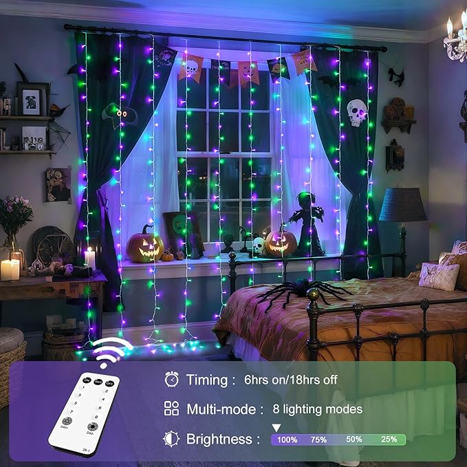 JMEXSUSS 300LED Halloween Curtain Lights with Remote, 9.8x9.8ft Halloween Lights Plug in, Christmas Twinkle Hanging String Light for Bedroom Wall Window Backdrop Indoor Outdoor Decor, Purple and Green-Ruum Studio Home