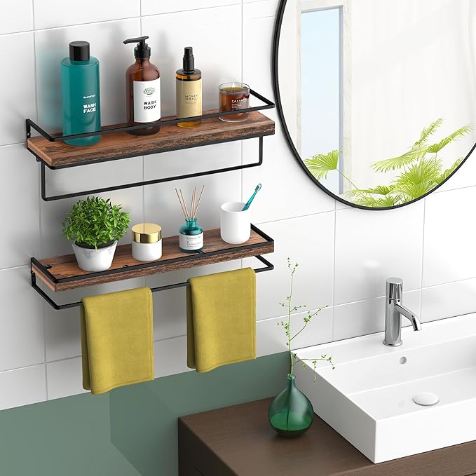 Meangood Floating Shelves Wall Mounted Set of 2, Wall Shelf with Towel Bar Rustic Wood Wall Storage Shelves for Bedroom,Living Room,Bathroom, Kitchen Rustic Brown-Ruum Studio Home