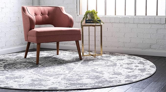 Unique Loom Rosso Collection Vintage, Geometric, Bohemian, Traditional, Distressed, Southwestern Area Rug, Round 4' 0" x 4' 0", Light Gray/Ivory-Ruum Studio Home