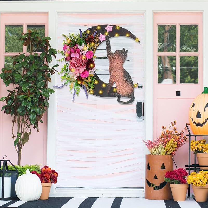 Halloween Wreaths for Front Door with Light, Black Cat Crescent Moon Wreath, Cute Cat Garland Halloween Door Decorations for Outdoor Indoor Decor Wall Window Home Party-Ruum Studio Home